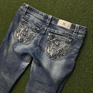 Miss Me Distressed Blue Boyfriend Jeans with Embellished Back Pockets